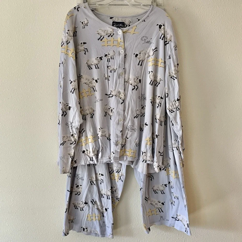 NICK & NORA Women's Blue Counting Sheep Cotton Knit Pajama Set 3XL